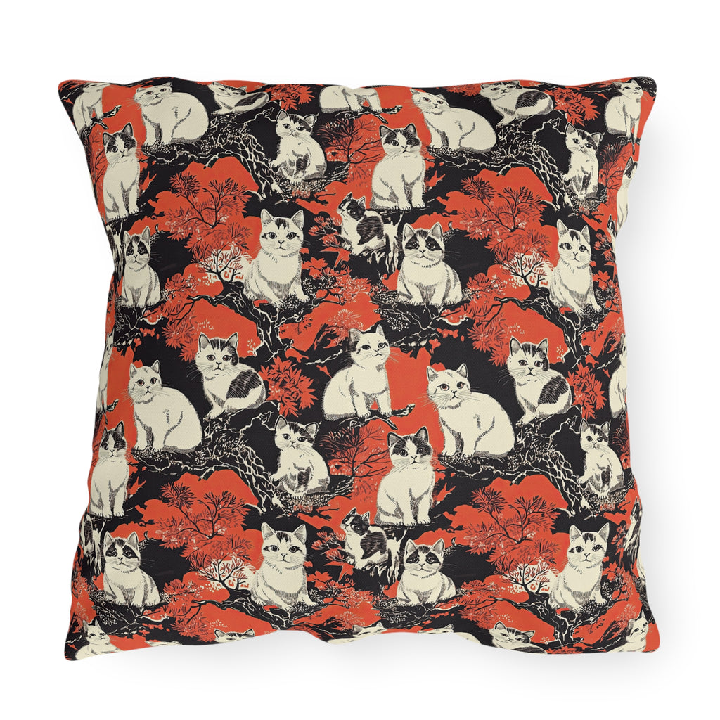 Outdoor Pillow - A striking black-and-white illustration with red accents of charming cats perched on the branches of trees in a beautiful Japanese woodblock print style.