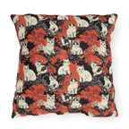 Outdoor Pillow - A striking black-and-white illustration with red accents of charming cats perched on the branches of trees in a beautiful Japanese woodblock print style.