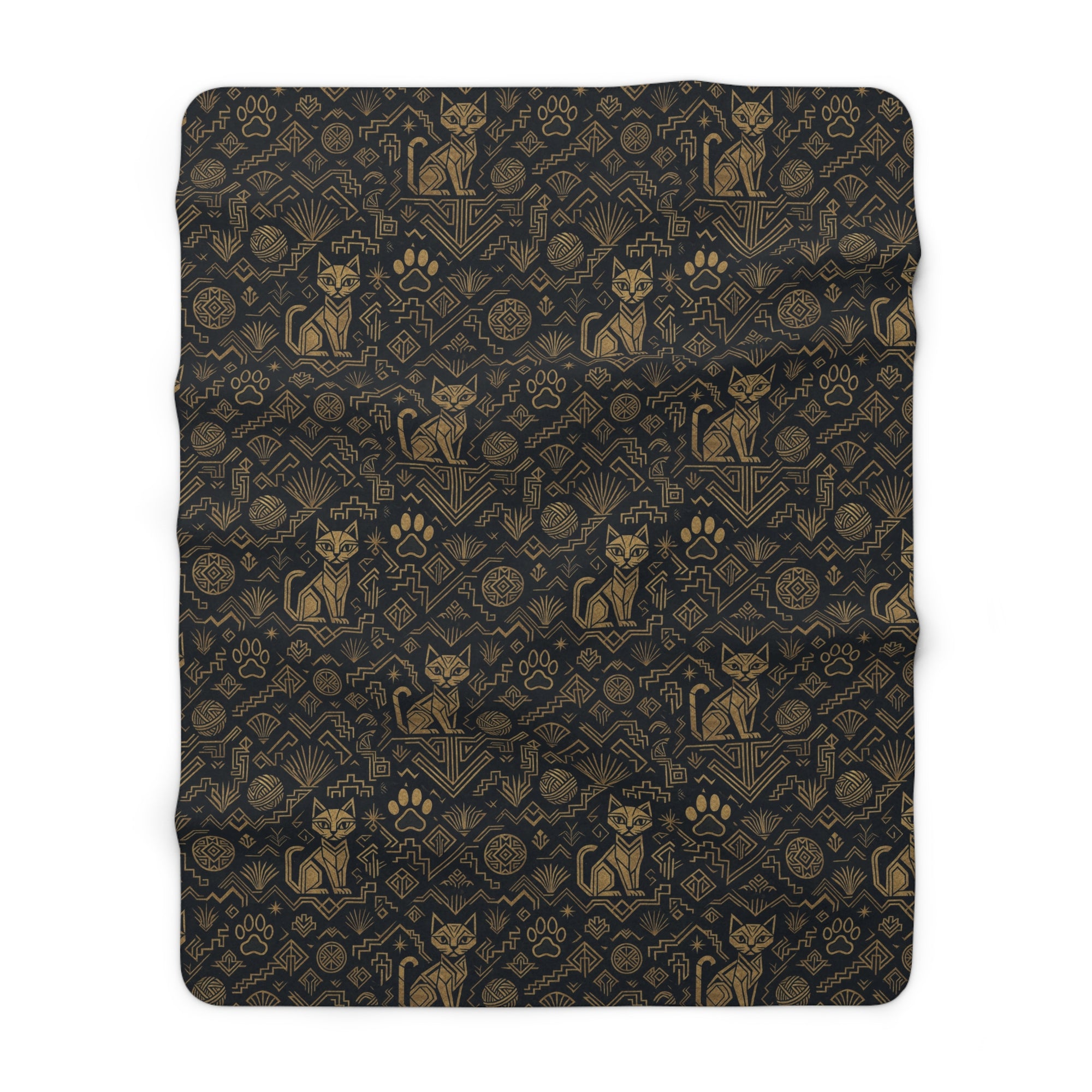 Sherpa Blanket - Art Deco Inspired Golden Cat Silhouettes and Geometric Patterns Create a Sophisticated and Stylized Modern Design