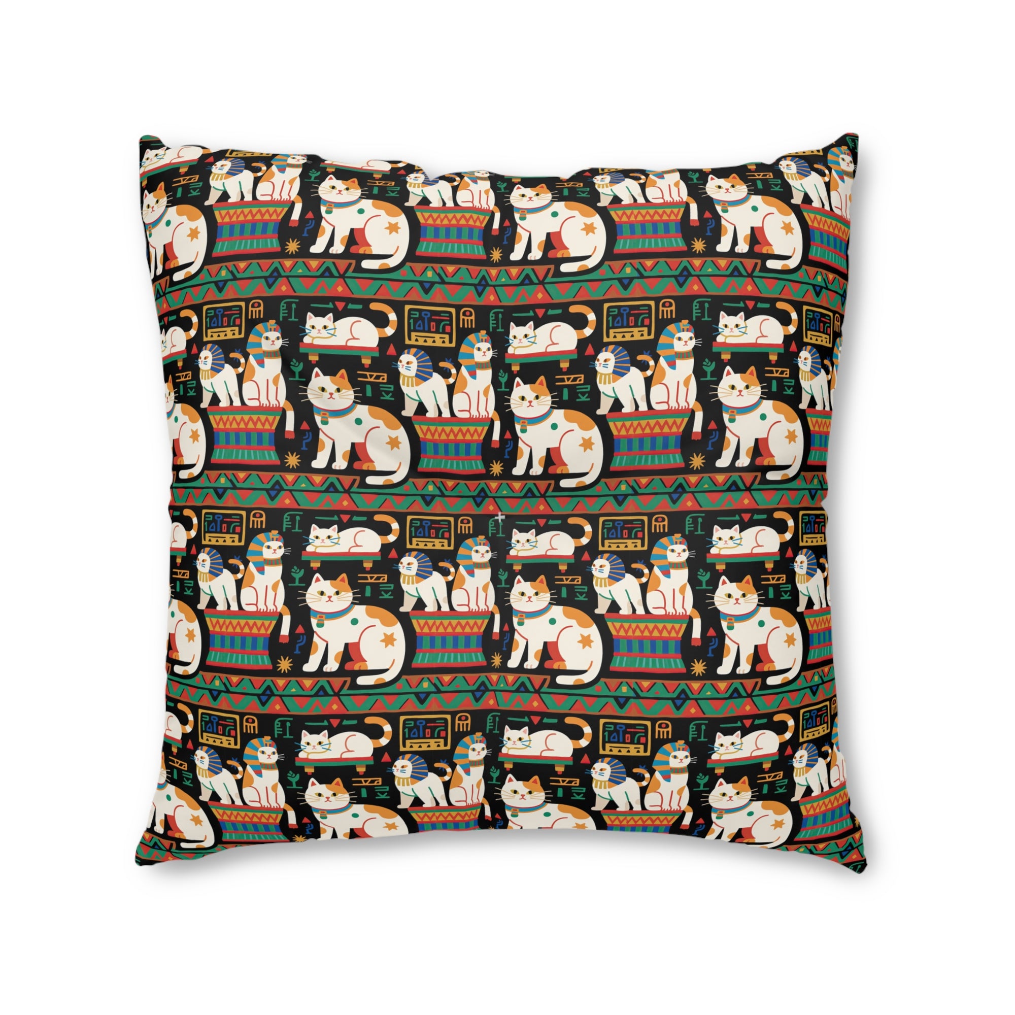Indoor Square Floor Pillow - Ancient Egyptian Felines with Hieroglyphs and Colorful Borders Adorn this Playful and Culturally Rich Cat Pattern