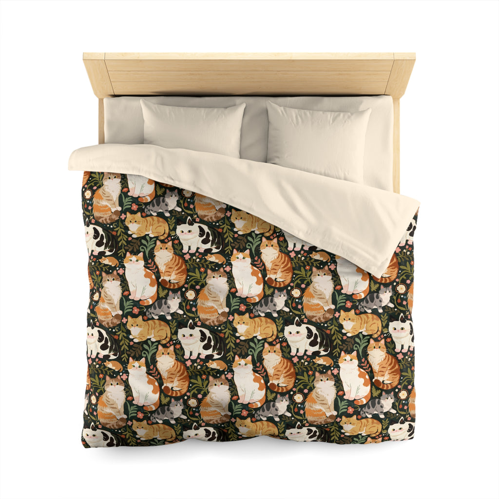 Duvet Cover - Whimsical cat and kitten garden party, various cat breeds amidst green foliage and pink flowers, charming animal illustration, dark forest green background, playful and natural art
