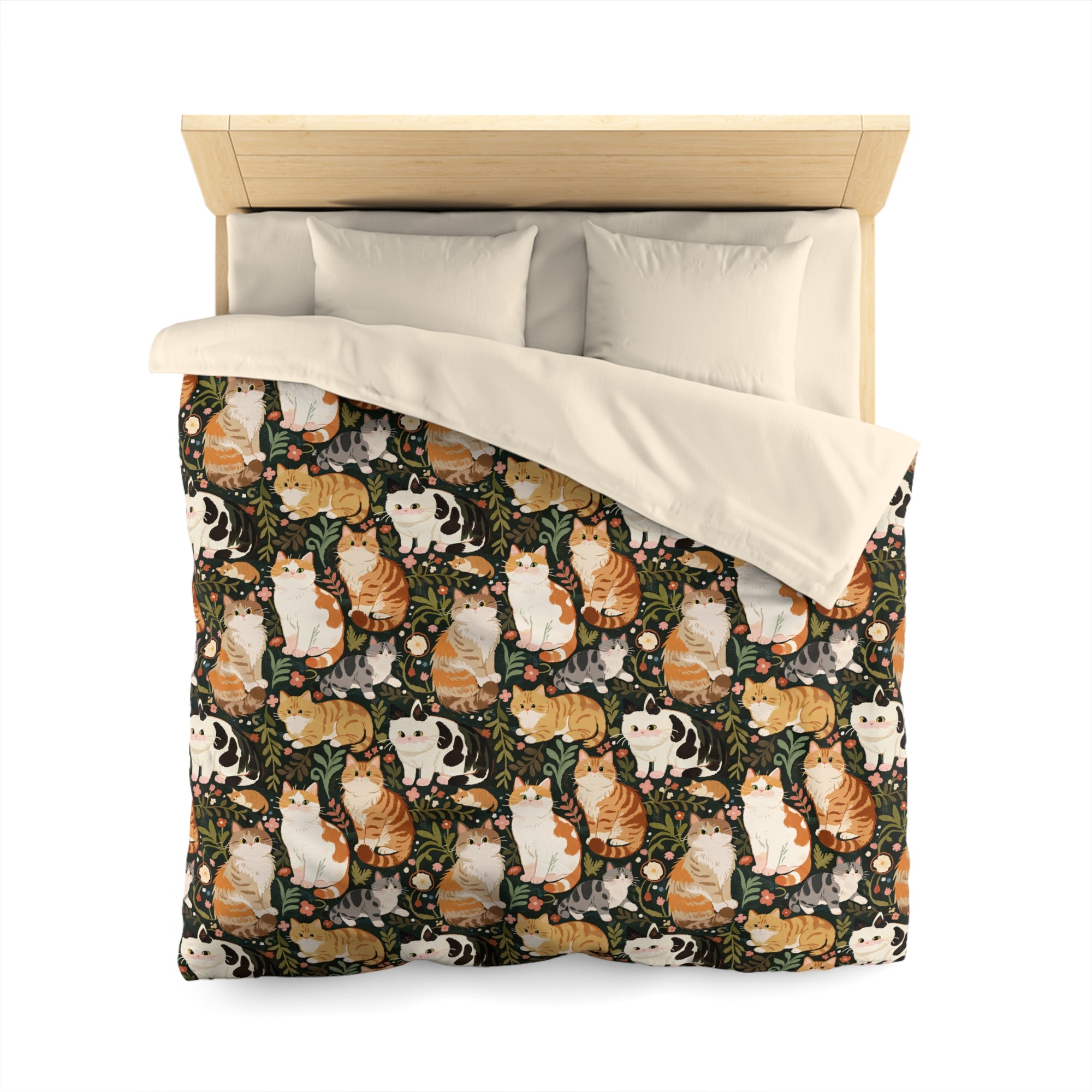 Duvet Cover - Whimsical cat and kitten garden party, various cat breeds amidst green foliage and pink flowers, charming animal illustration, dark forest green background, playful and natural art