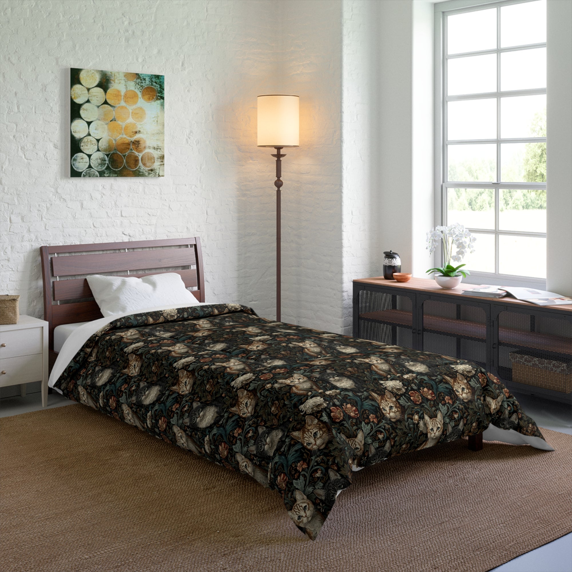 Comforter - Brown Tabby Kittens Among Dark Green and Peach Floral Vines, Moody Vintage Style