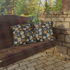 Outdoor Pillow - Blue Eyed Cats with Brown and White Fur on a Deep Blue Damask Background