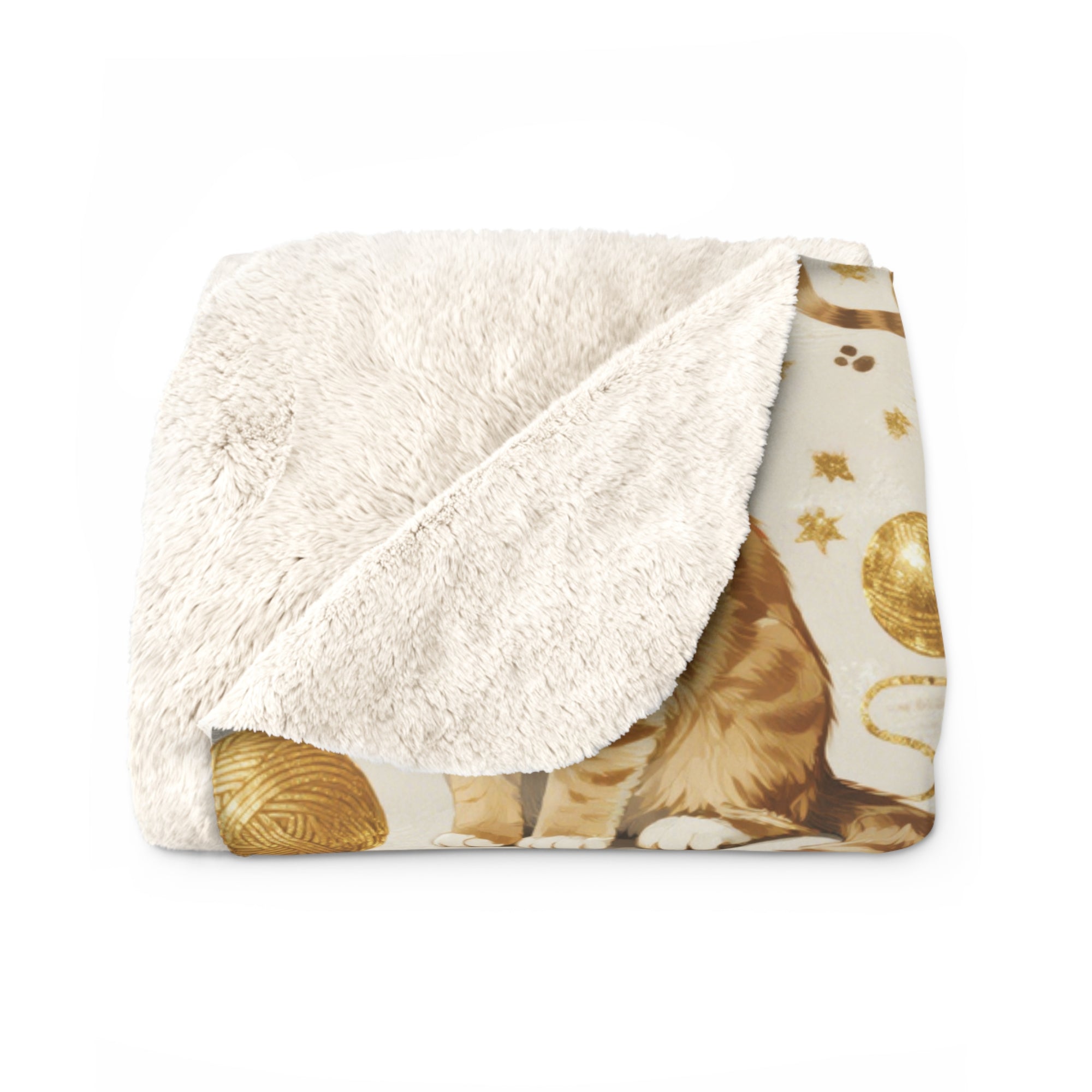 Sherpa Blanket - Adorable ginger cat with bright green eyes, sparkling gold yarn and paw prints, classic tabby cat illustration, cream background, cute and charming pet themed art
