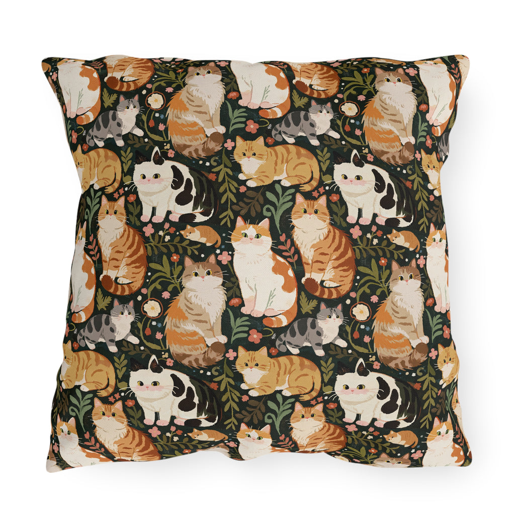 Outdoor Pillow - Whimsical cat and kitten garden party, various cat breeds amidst green foliage and pink flowers, charming animal illustration, dark forest green background, playful and natural art