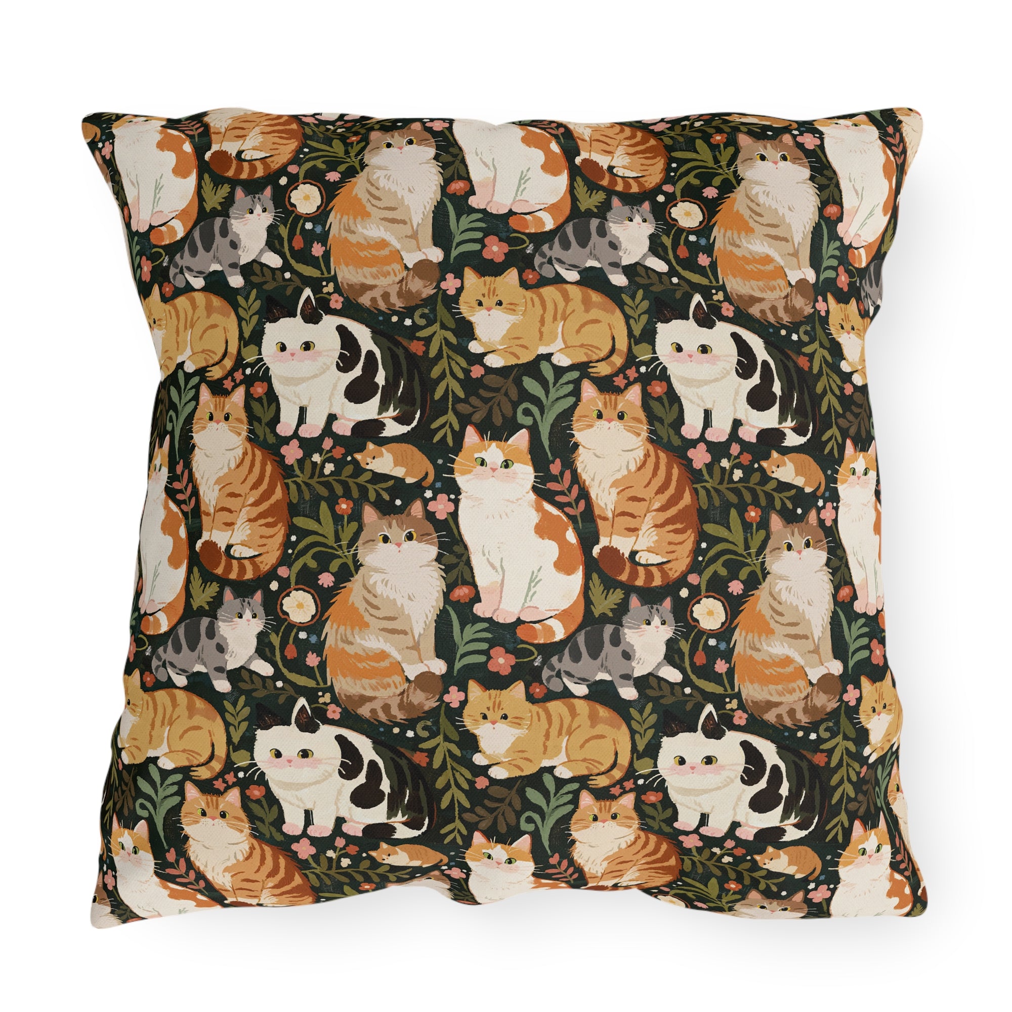 Outdoor Pillow - Whimsical cat and kitten garden party, various cat breeds amidst green foliage and pink flowers, charming animal illustration, dark forest green background, playful and natural art