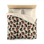 Duvet Cover - A whimsical and delightful hand-drawn style pattern of adorable black cats eating bowls of delicious ramen noodles with a large red sun in the background.
