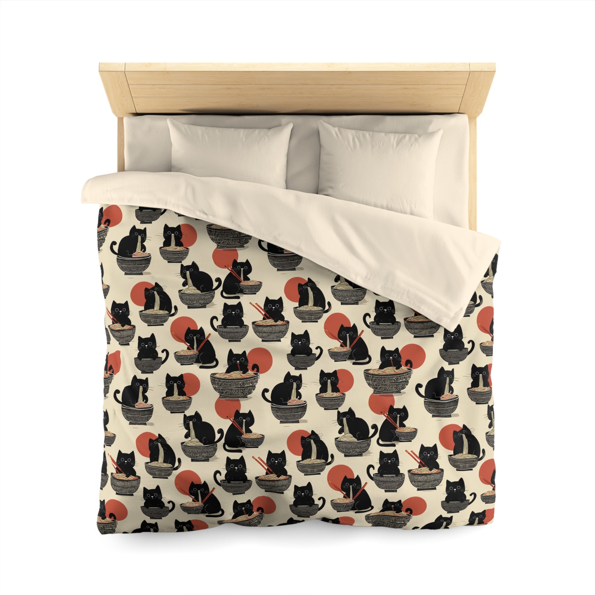 Duvet Cover - A whimsical and delightful hand-drawn style pattern of adorable black cats eating bowls of delicious ramen noodles with a large red sun in the background.