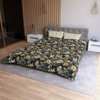 Duvet Cover - Black and White Kittens with Yellow and White Flowers, Dark Blue Leaves, Vintage Charm