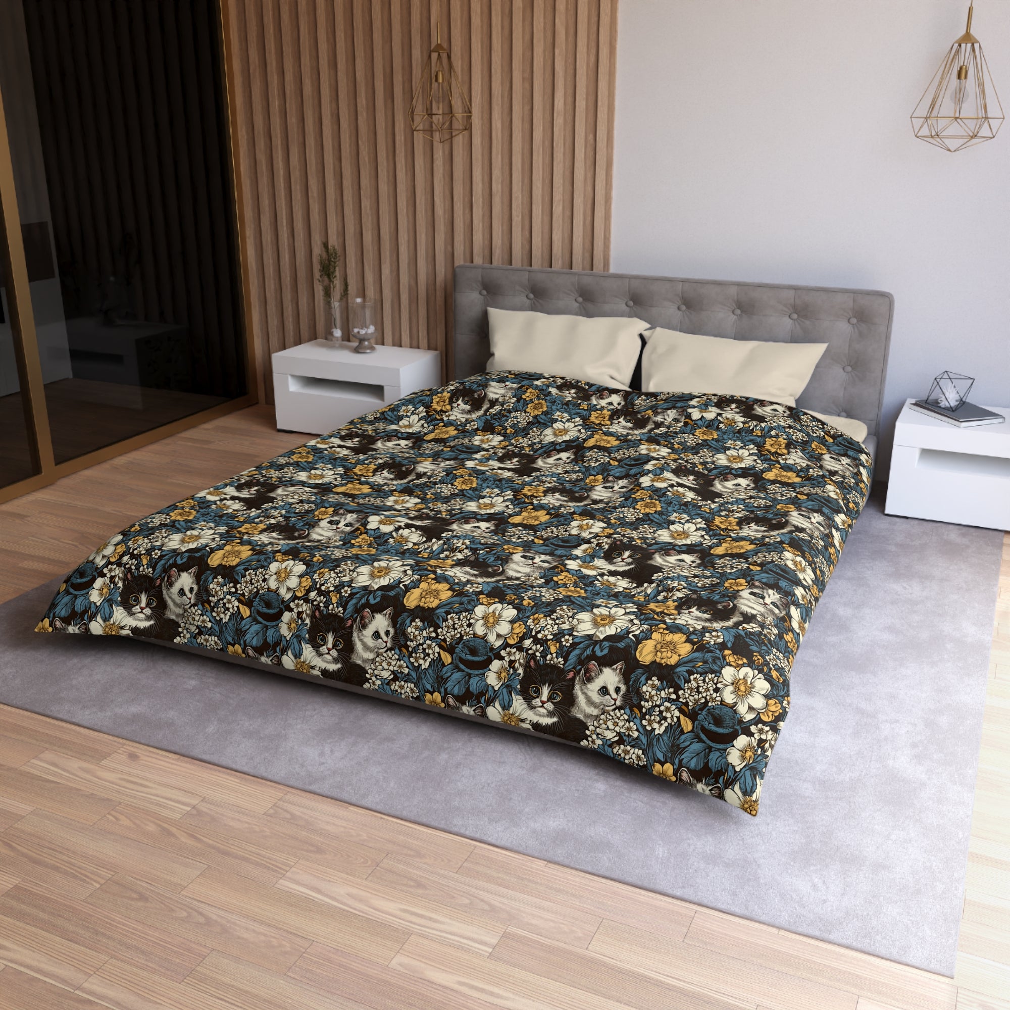 Duvet Cover - Black and White Kittens with Yellow and White Flowers, Dark Blue Leaves, Vintage Charm