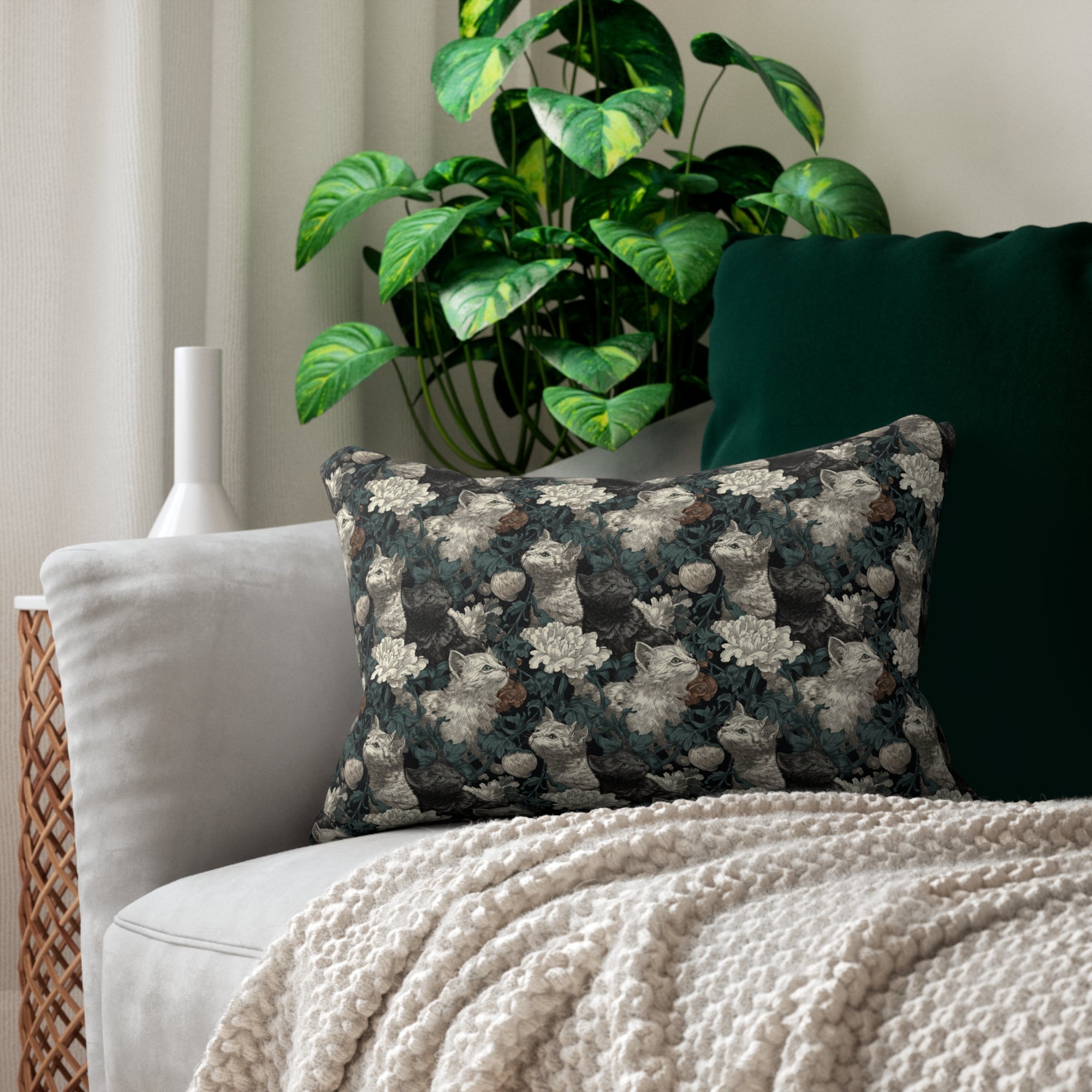 Indoor Lumbar Pillow - Grey and White Kittens with Creamy White Flowers and Dark Green Foliage, Elegant Vintage Vibe