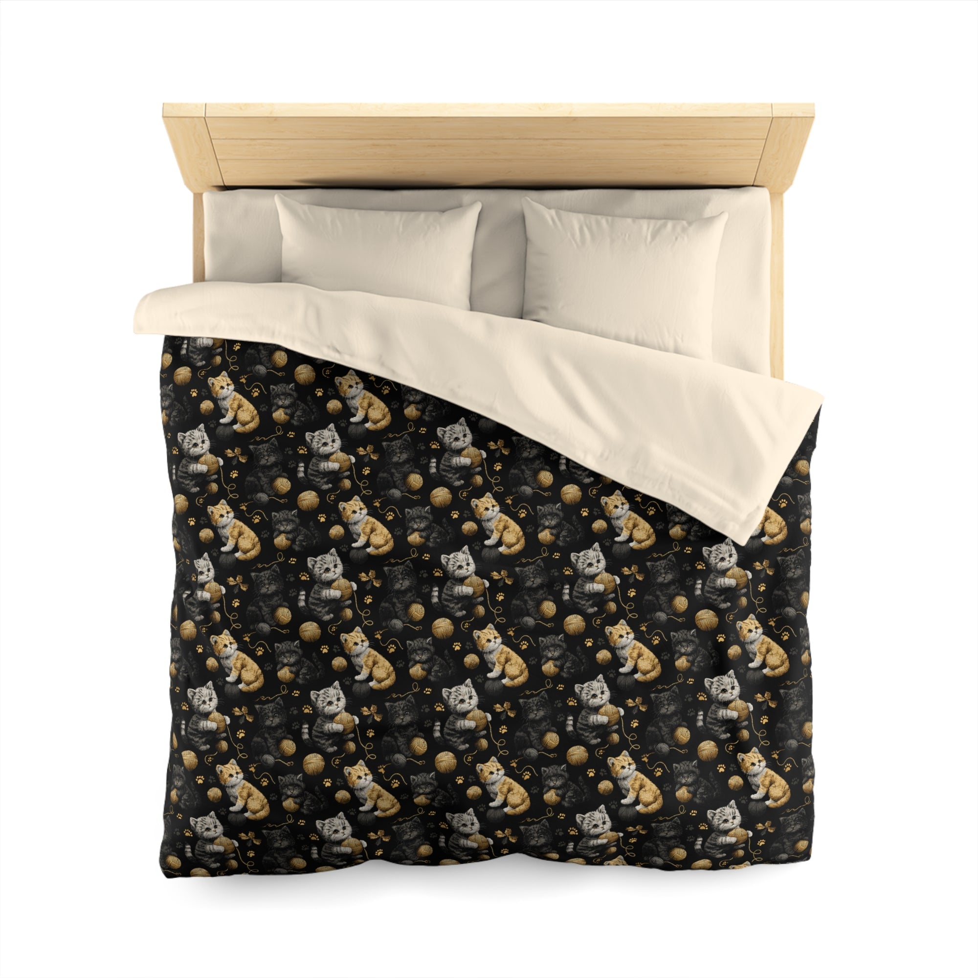 Duvet Cover - Assorted Cute Kittens with Colorful Yarn Balls and Paw Prints on a Black Backdrop