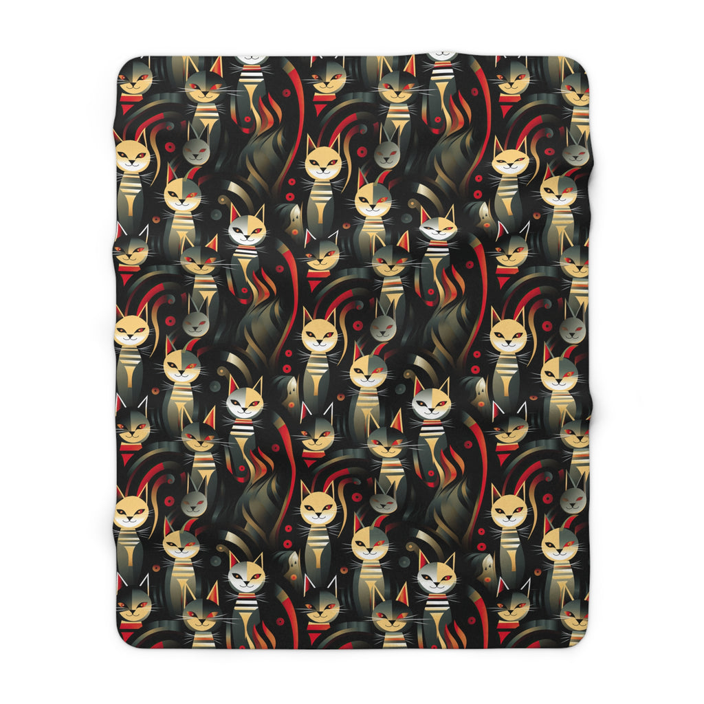 Sherpa Blanket - A bold and striking Art Deco pattern showcasing stylized feline portraits with sharp, gold lines and geometric shapes set against a dark, dramatic background.
