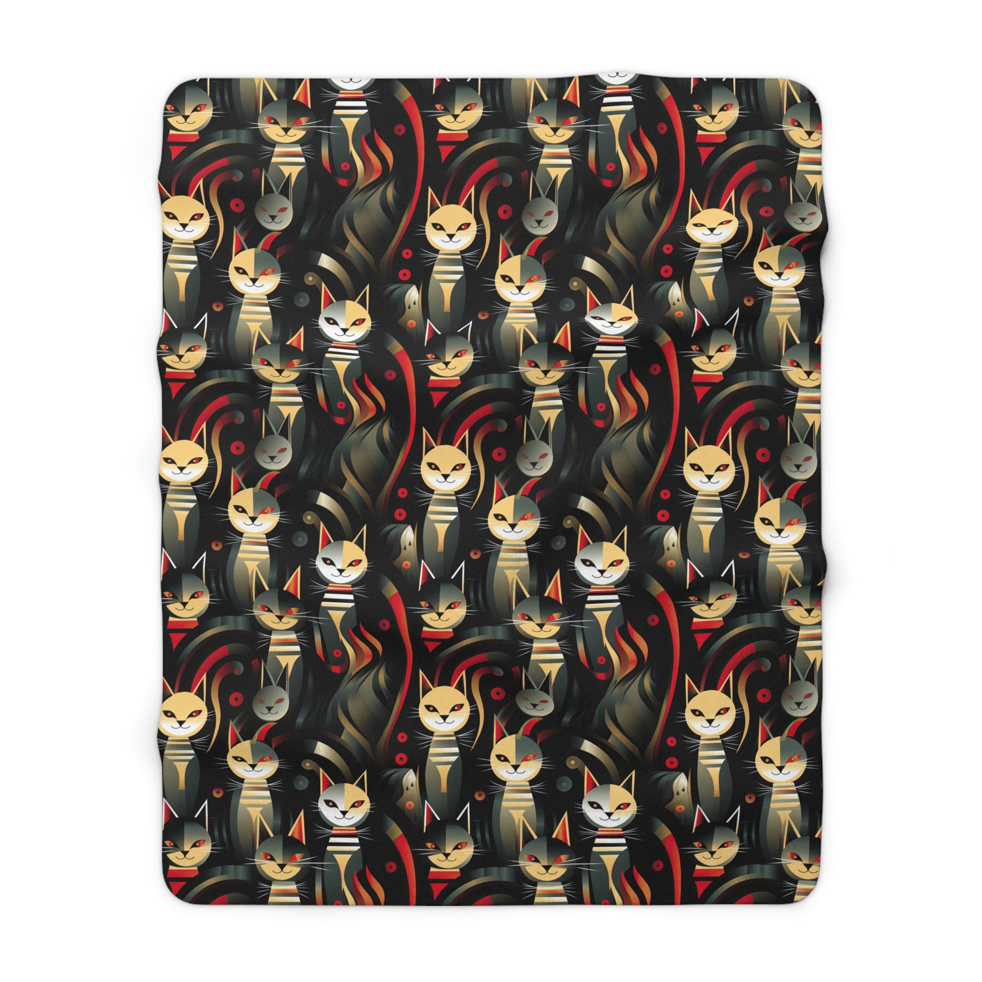 Sherpa Blanket - A bold and striking Art Deco pattern showcasing stylized feline portraits with sharp, gold lines and geometric shapes set against a dark, dramatic background.