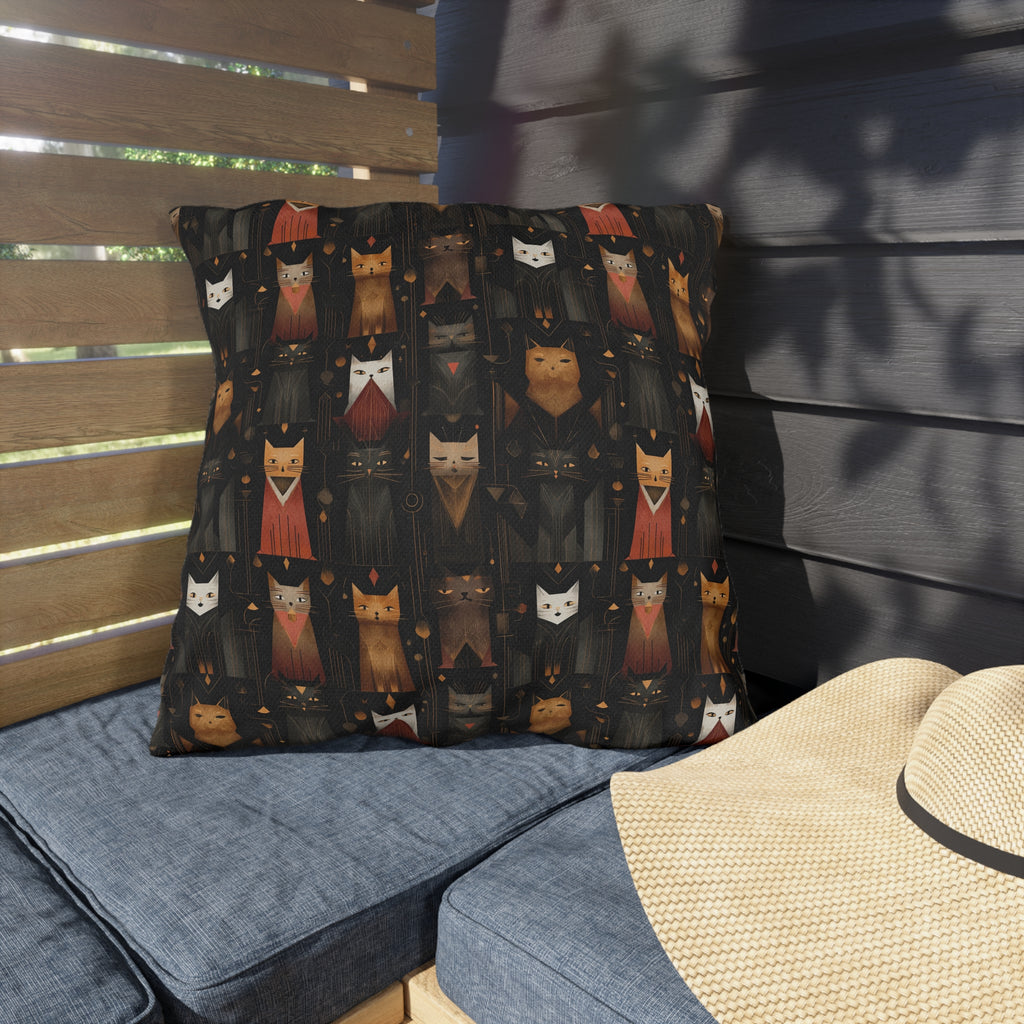Outdoor Pillow - A striking and sophisticated Art Deco-style pattern of felines with bold, intricate lines and dramatic geometric shapes, all rendered in a unique gold and gray color palette.