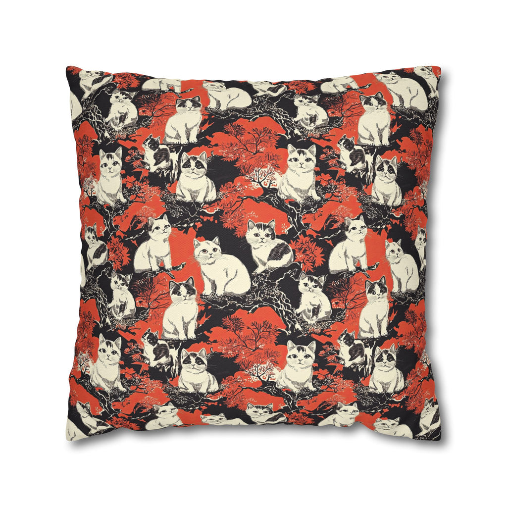 Square Pillowcase - A striking black-and-white illustration with red accents of charming cats perched on the branches of trees in a beautiful Japanese woodblock print style.