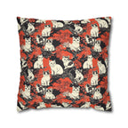 Square Pillowcase - A striking black-and-white illustration with red accents of charming cats perched on the branches of trees in a beautiful Japanese woodblock print style.