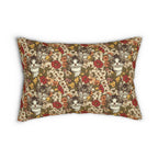 Indoor Lumbar Pillow - Grey Tabby Kittens in a Garden of Red, Peach, and Yellow Flowers, Soft Vintage Style