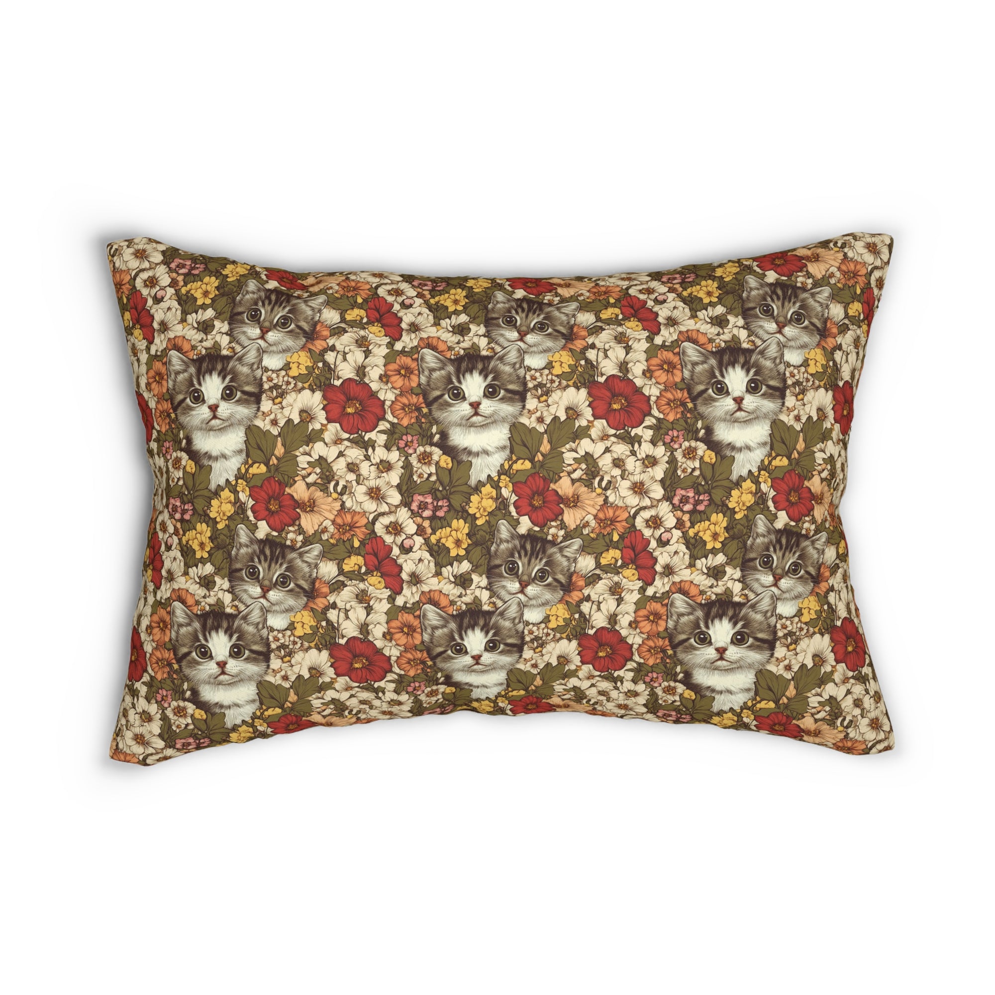 Indoor Lumbar Pillow - Grey Tabby Kittens in a Garden of Red, Peach, and Yellow Flowers, Soft Vintage Style
