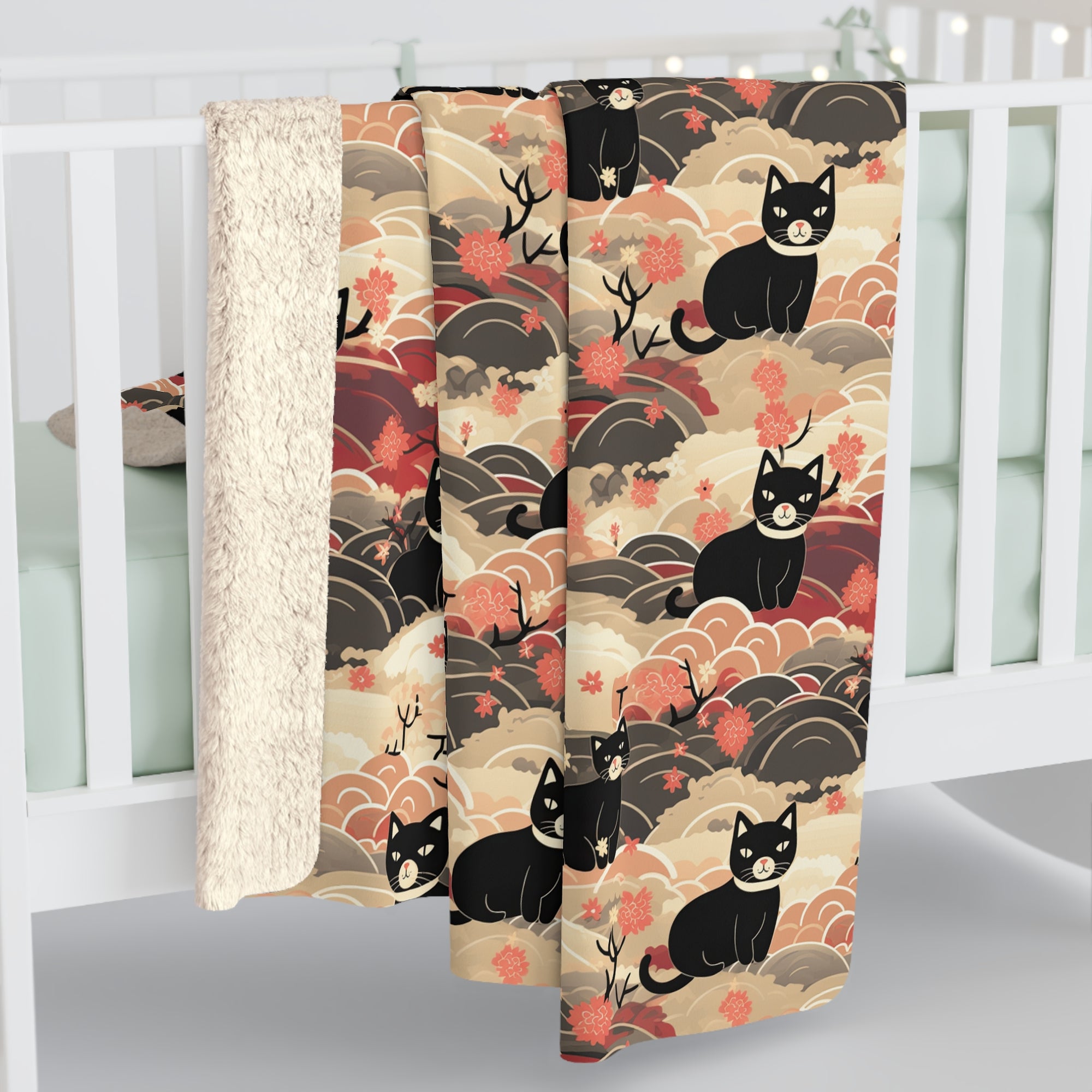 Sherpa Blanket - A whimsical and enchanting Japanese-style pattern featuring cute black and orange cats nestled among vibrant orange blossoms and soft, cloudy backgrounds.