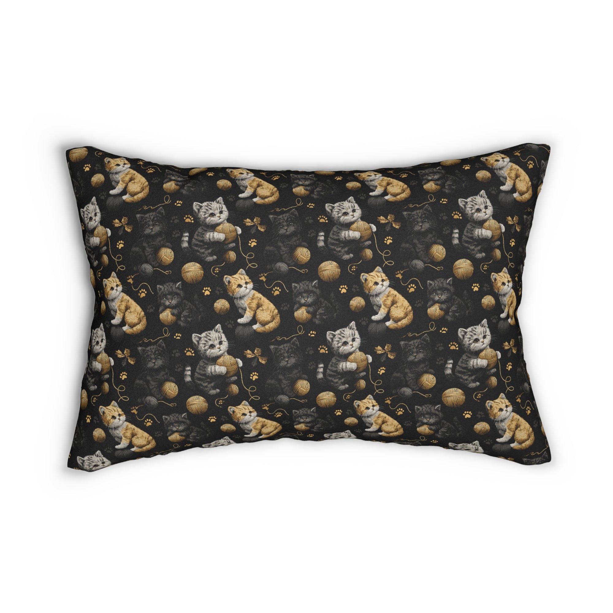 Indoor Lumbar Pillow - Assorted Cute Kittens with Colorful Yarn Balls and Paw Prints on a Black Backdrop
