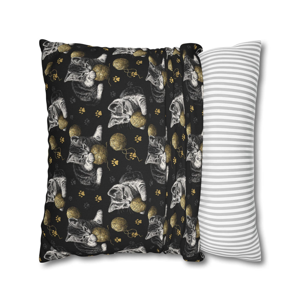 Square Pillowcase - Grey and White Kittens Playing with Golden Yarn on a Black Background with Paw Prints