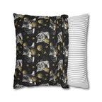 Square Pillowcase - Grey and White Kittens Playing with Golden Yarn on a Black Background with Paw Prints