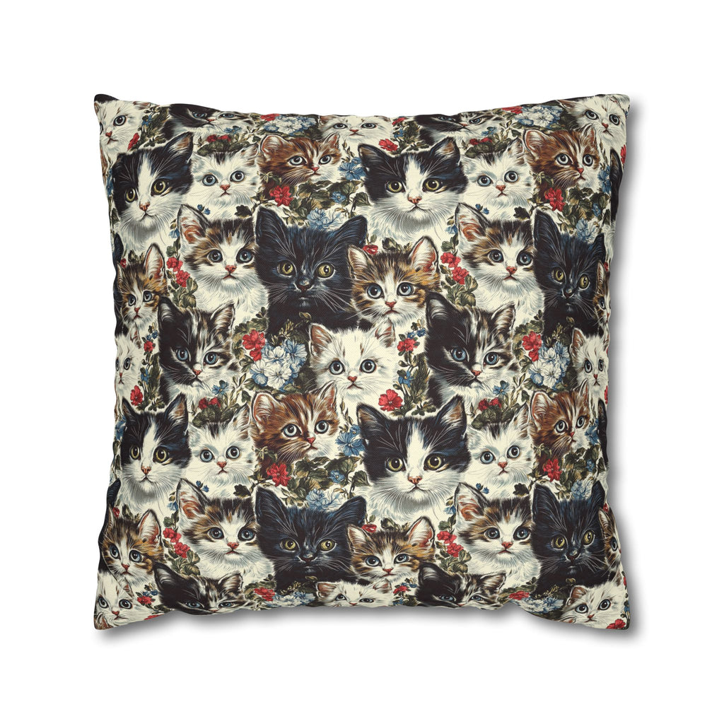 Square Pillowcase - Colorful Kitten Faces with Red and Blue Flowers, Whimsical and Bright, Pattern Design