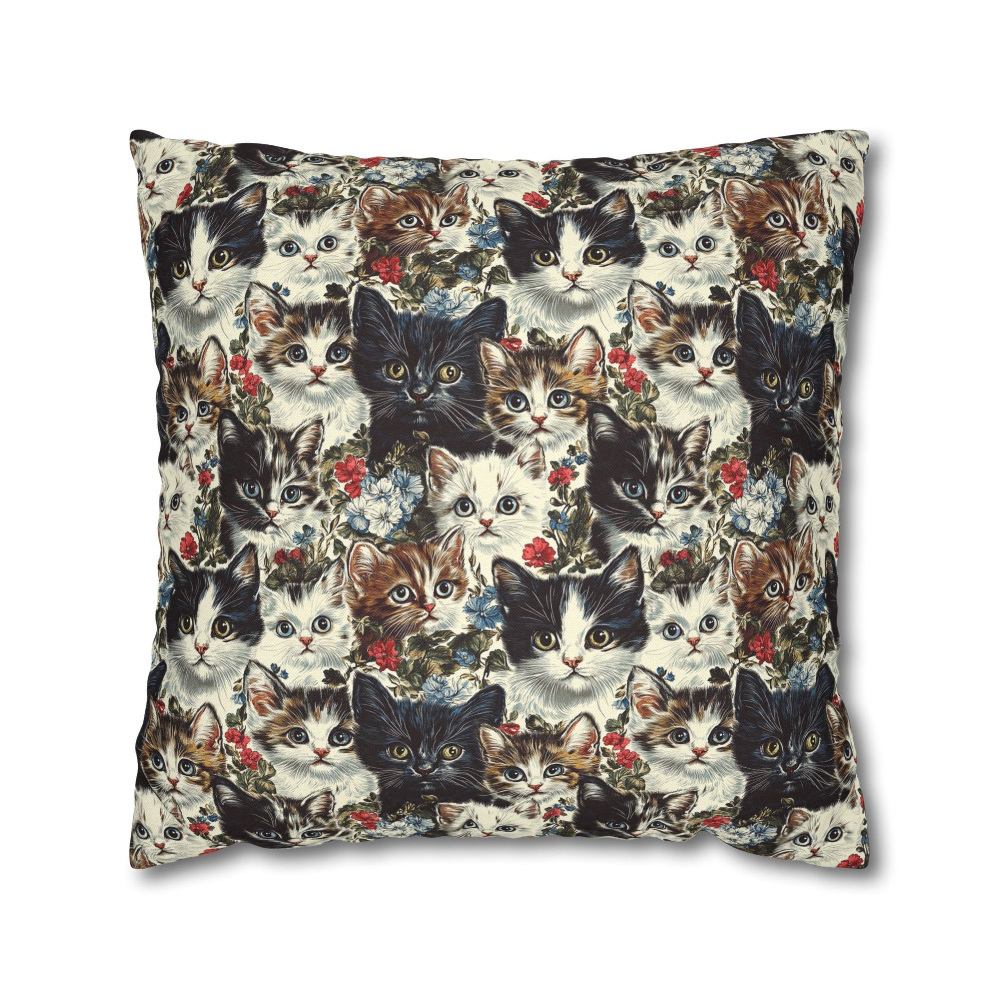 Square Pillowcase - Colorful Kitten Faces with Red and Blue Flowers, Whimsical and Bright, Pattern Design