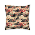 Indoor Square Floor Pillow - A whimsical and enchanting Japanese-style pattern featuring cute black and orange cats nestled among vibrant orange blossoms and soft, cloudy backgrounds.