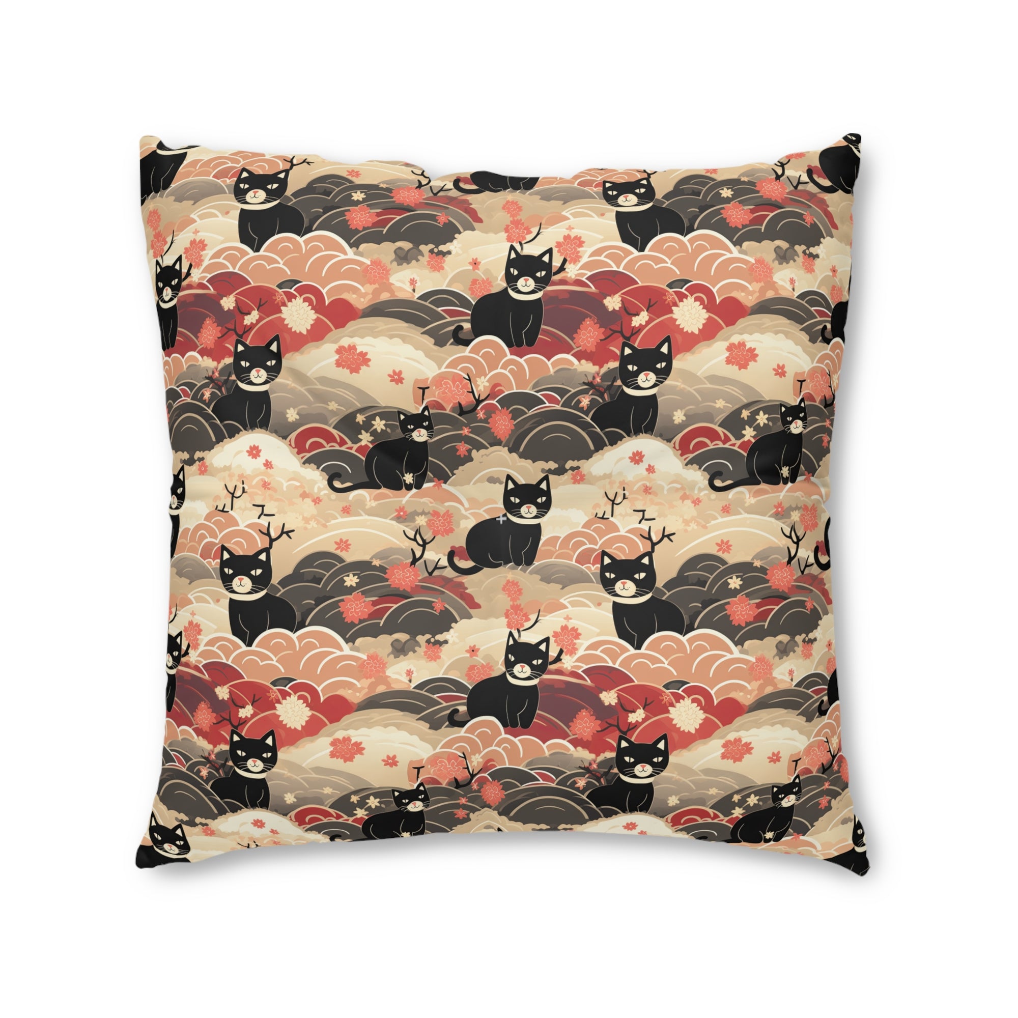 Indoor Square Floor Pillow - A whimsical and enchanting Japanese-style pattern featuring cute black and orange cats nestled among vibrant orange blossoms and soft, cloudy backgrounds.