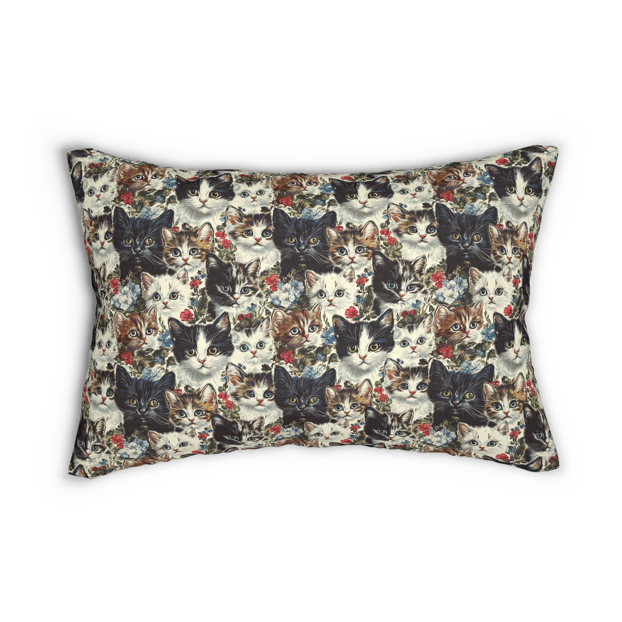 Indoor Lumbar Pillow - Colorful Kitten Faces with Red and Blue Flowers, Whimsical and Bright, Pattern Design