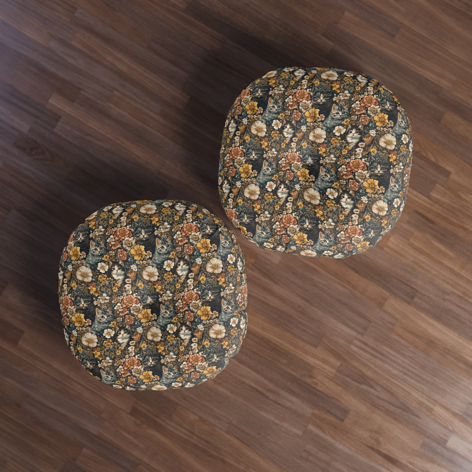 Indoor Round Floor Pillow - Grey Tabby Kittens Among Yellow and Peach Flowers, Moody Vintage Botanical Illustration