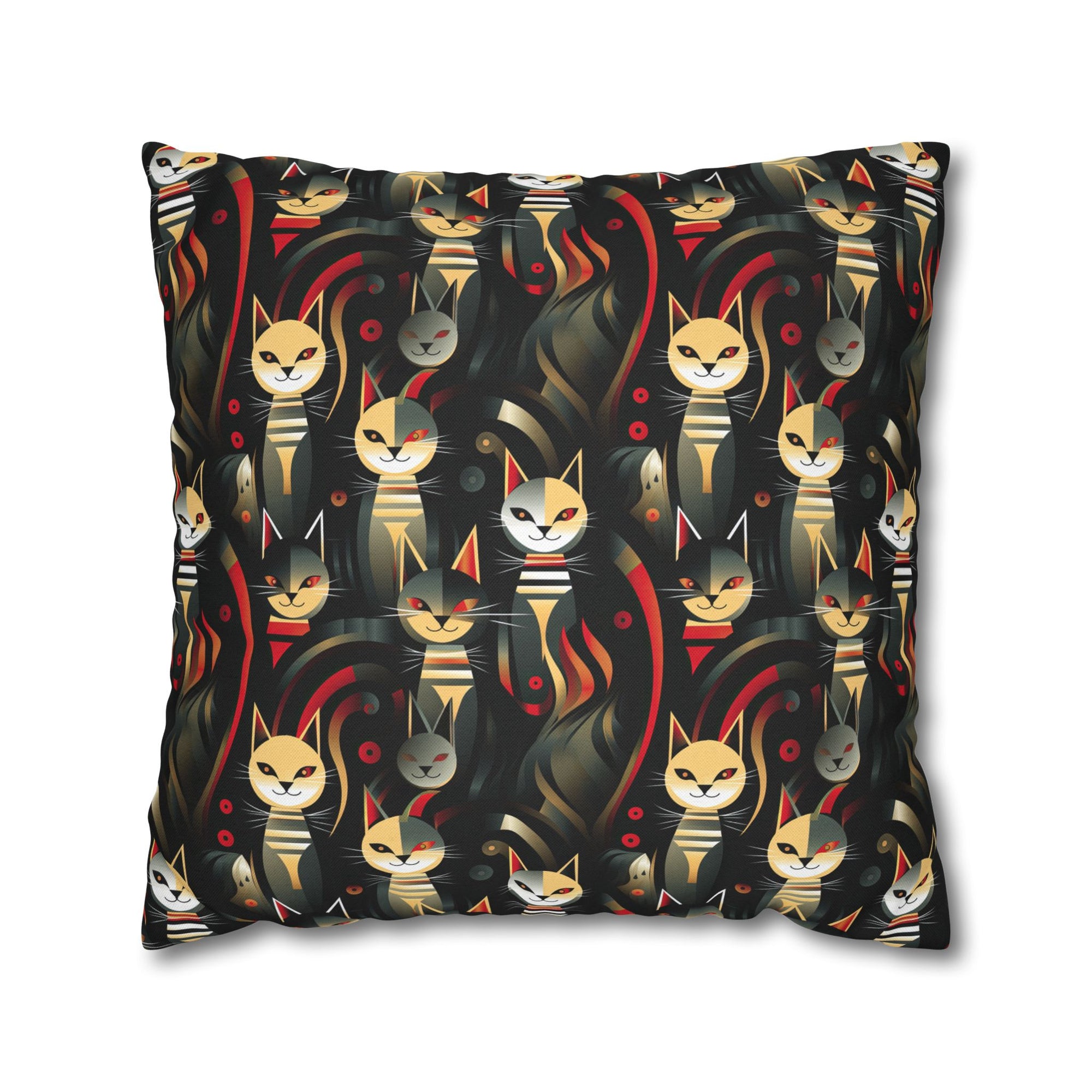 Square Pillowcase - A bold and striking Art Deco pattern showcasing stylized feline portraits with sharp, gold lines and geometric shapes set against a dark, dramatic background.