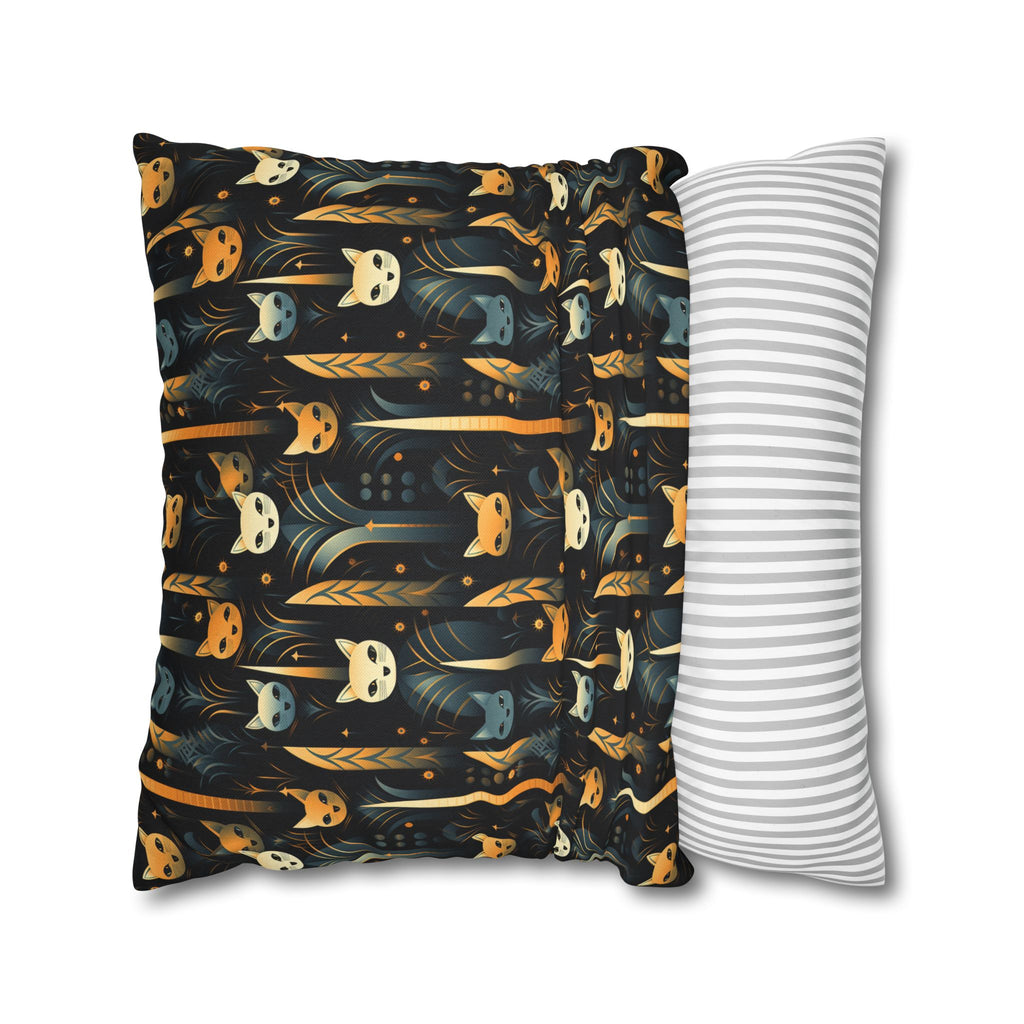 Square Pillowcase - A sleek and stylish Art Deco-inspired pattern depicting a serene nocturnal landscape with streamlined cat silhouettes and radiating golden light among abstract plants.