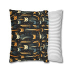Square Pillowcase - A sleek and stylish Art Deco-inspired pattern depicting a serene nocturnal landscape with streamlined cat silhouettes and radiating golden light among abstract plants.
