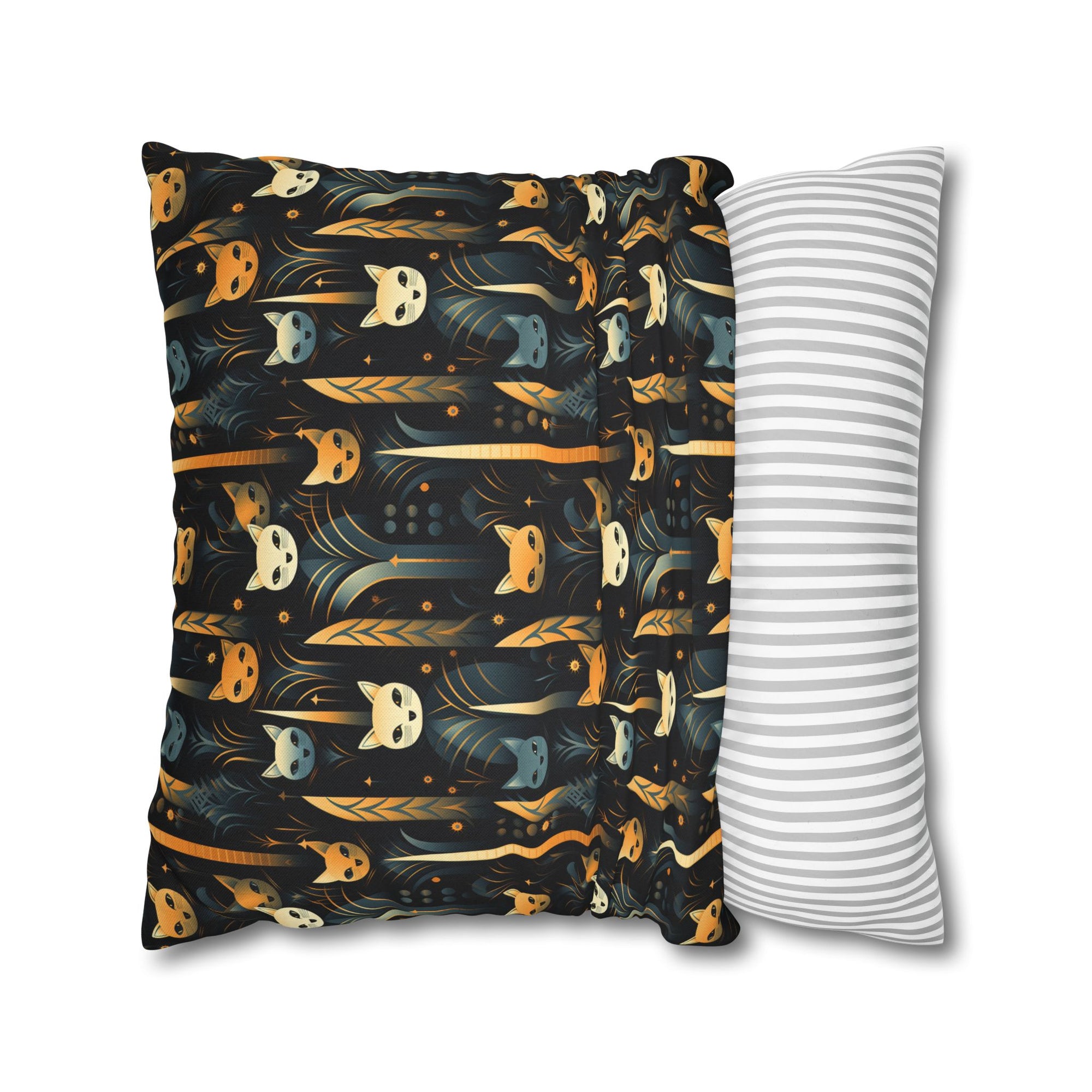 Square Pillowcase - A sleek and stylish Art Deco-inspired pattern depicting a serene nocturnal landscape with streamlined cat silhouettes and radiating golden light among abstract plants.