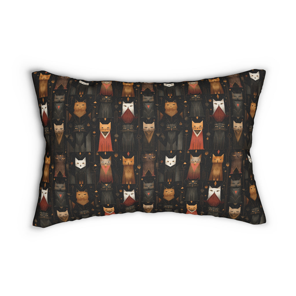 Indoor Lumbar Pillow - A striking and sophisticated Art Deco-style pattern of felines with bold, intricate lines and dramatic geometric shapes, all rendered in a unique gold and gray color palette.