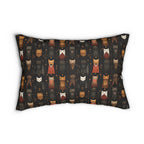 Indoor Lumbar Pillow - A striking and sophisticated Art Deco-style pattern of felines with bold, intricate lines and dramatic geometric shapes, all rendered in a unique gold and gray color palette.