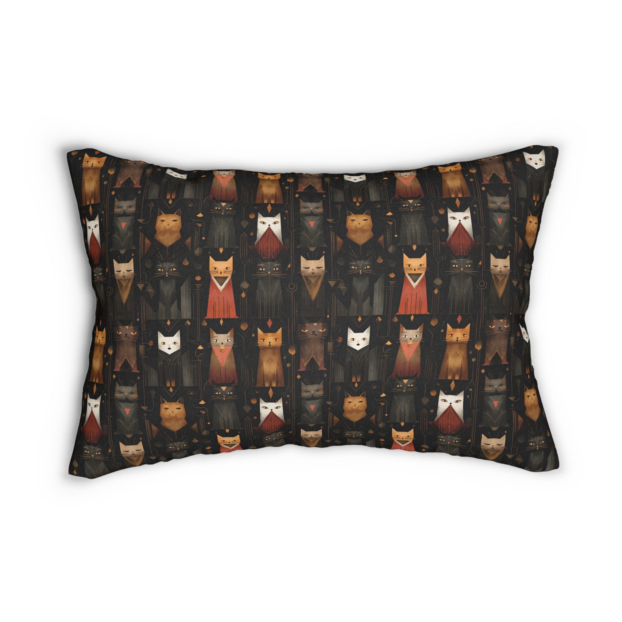 Indoor Lumbar Pillow - A striking and sophisticated Art Deco-style pattern of felines with bold, intricate lines and dramatic geometric shapes, all rendered in a unique gold and gray color palette.