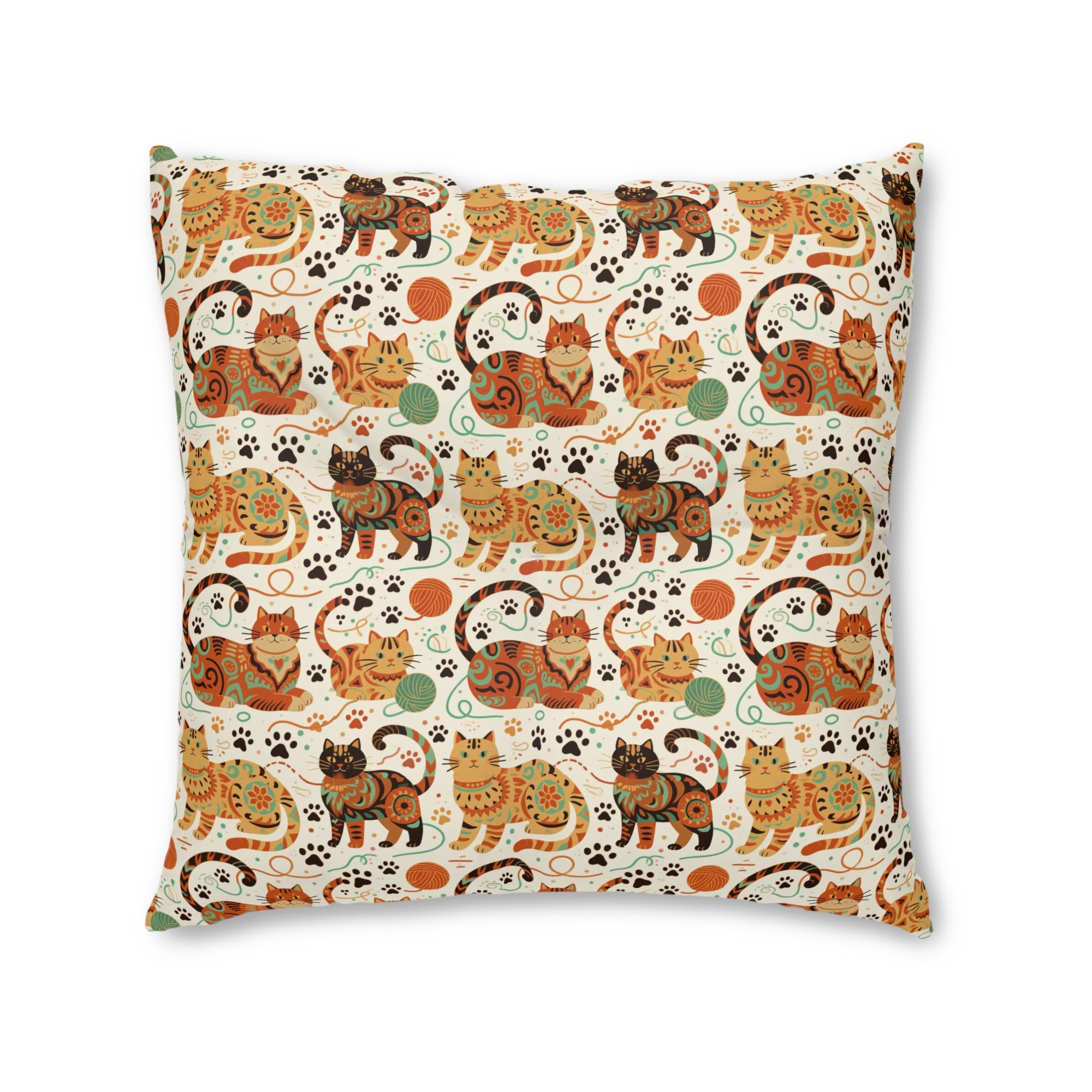 Indoor Square Floor Pillow - Colorful folk art patterned cats, vibrant orange and teal hues, playful felines with yarn and paw prints, bohemian animal illustration, cream background, artistic and cheerful design