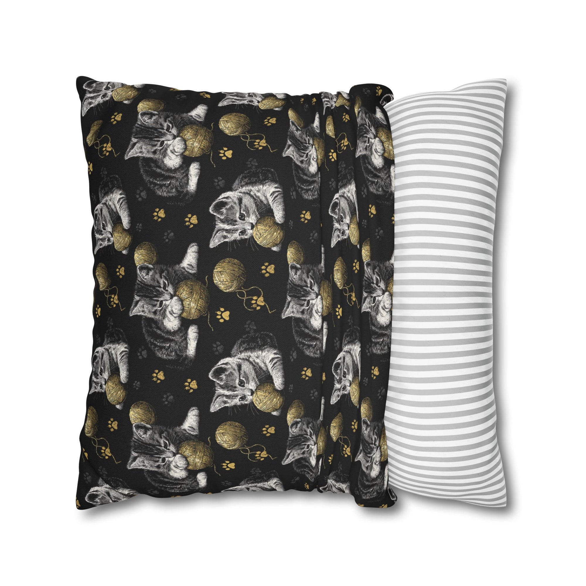 Square Pillowcase - Grey and White Kittens Playing with Golden Yarn on a Black Background with Paw Prints