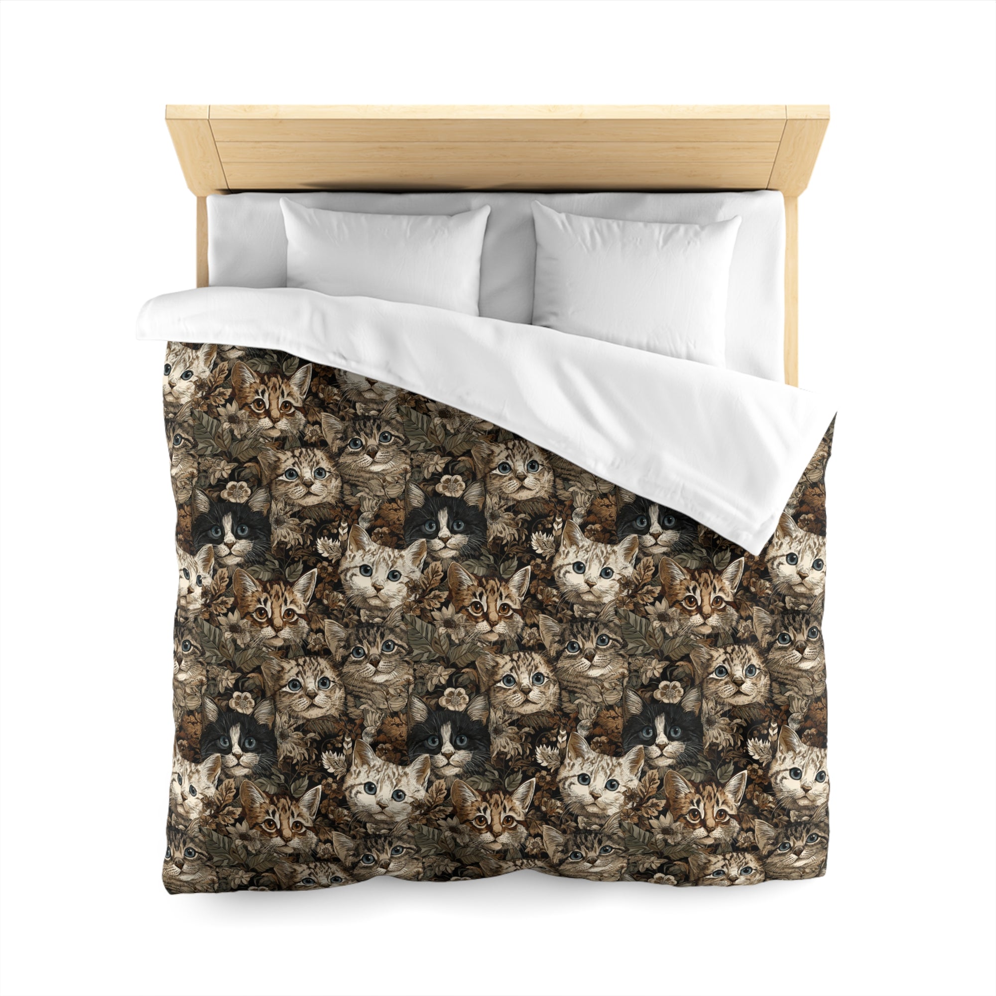 Duvet Cover - An intricate and detailed vintage illustration featuring a close-up of various fluffy cats with bright eyes amidst lush, ornate floral foliage in sepia tones.