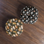Indoor Round Floor Pillow - Whimsical cat and kitten garden party, various cat breeds amidst green foliage and pink flowers, charming animal illustration, dark forest green background, playful and natural art