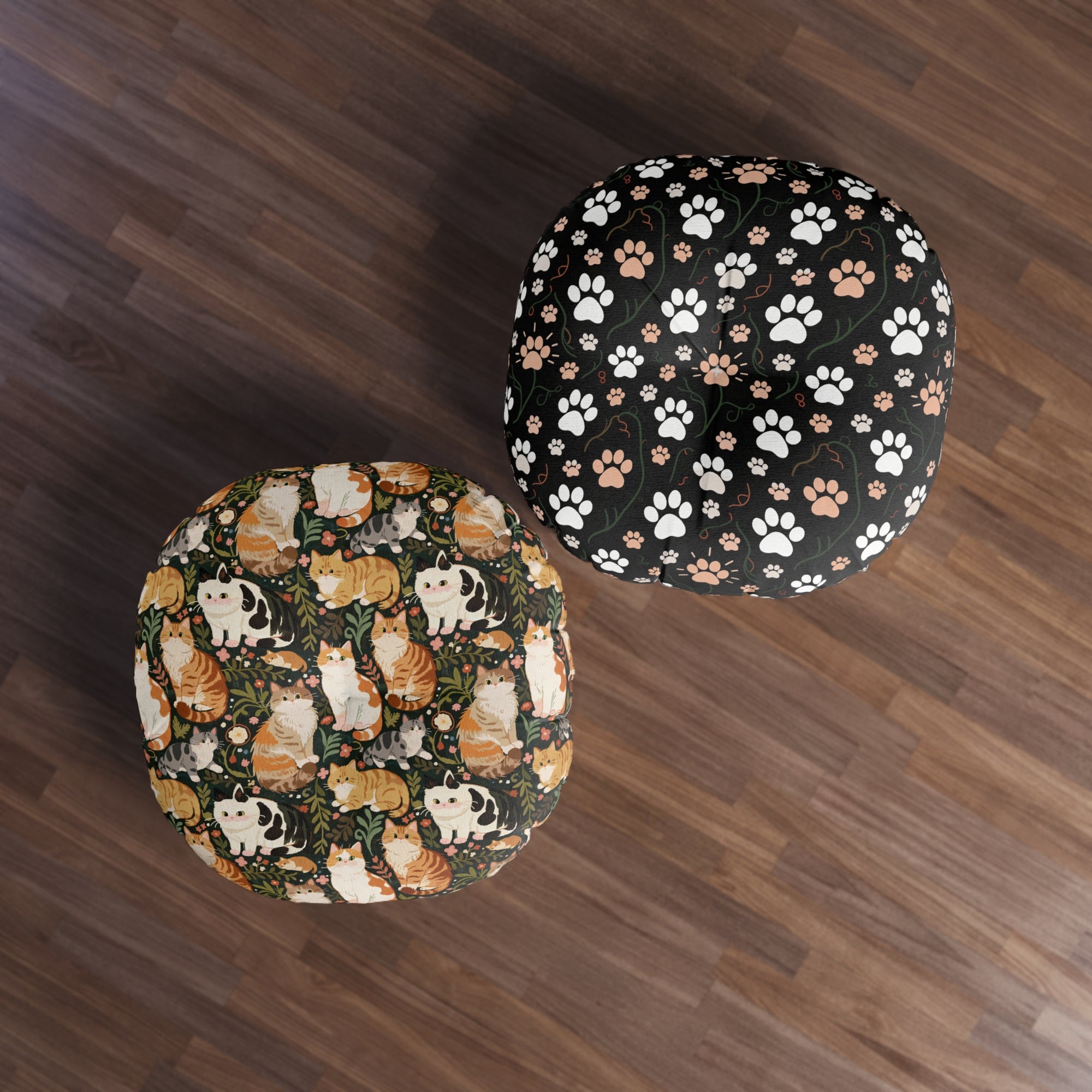 Indoor Round Floor Pillow - Whimsical cat and kitten garden party, various cat breeds amidst green foliage and pink flowers, charming animal illustration, dark forest green background, playful and natural art