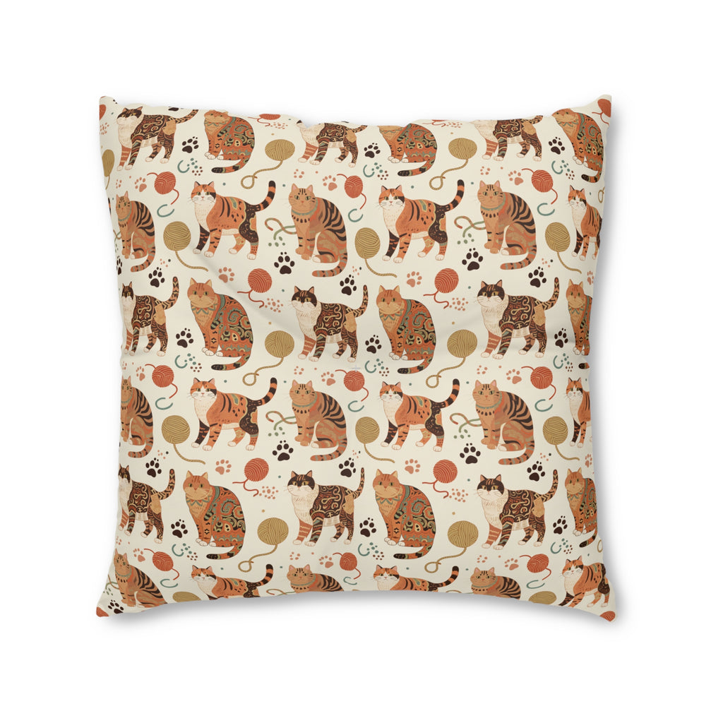 Indoor Square Floor Pillow - Artistic patterned cats in warm earth tones, unique tribal and folk art designs, playful felines with yarn and paw prints, bohemian animal print, cream background, creative cat art