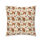 Indoor Square Floor Pillow - Artistic patterned cats in warm earth tones, unique tribal and folk art designs, playful felines with yarn and paw prints, bohemian animal print, cream background, creative cat art