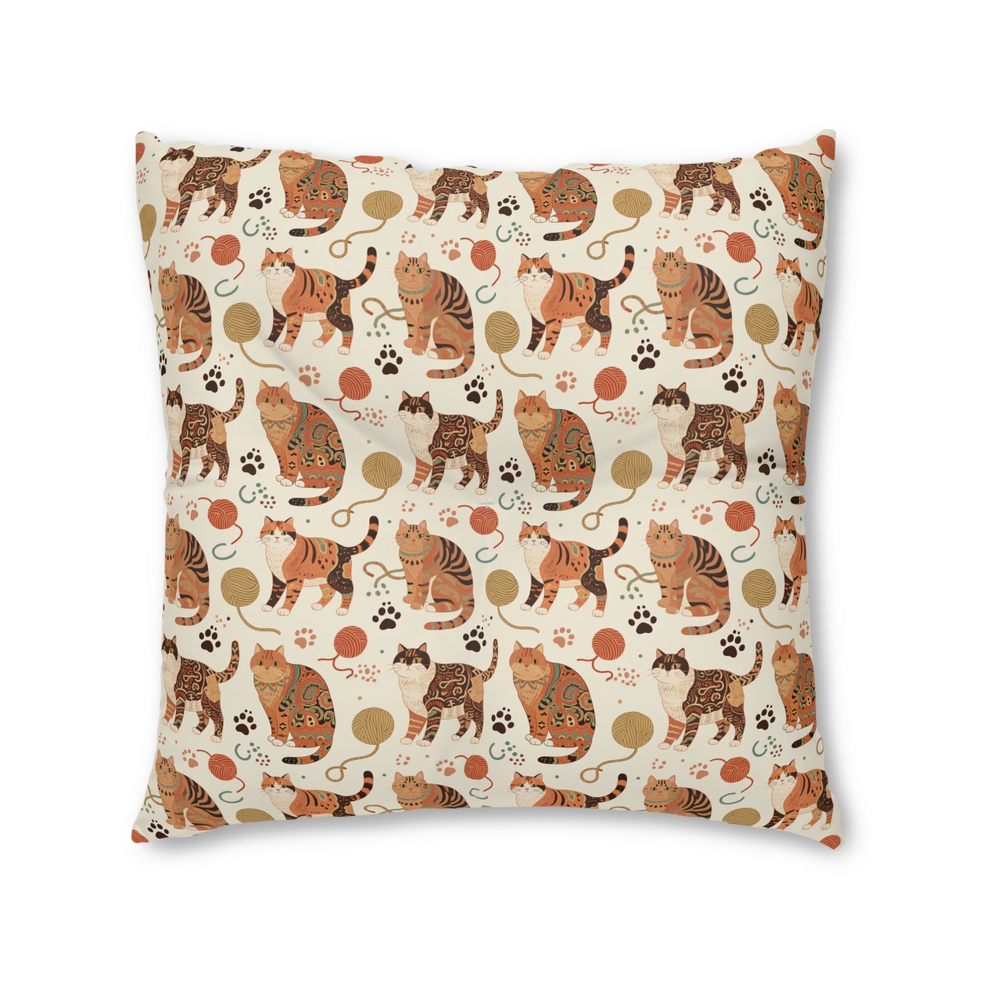 Indoor Square Floor Pillow - Artistic patterned cats in warm earth tones, unique tribal and folk art designs, playful felines with yarn and paw prints, bohemian animal print, cream background, creative cat art