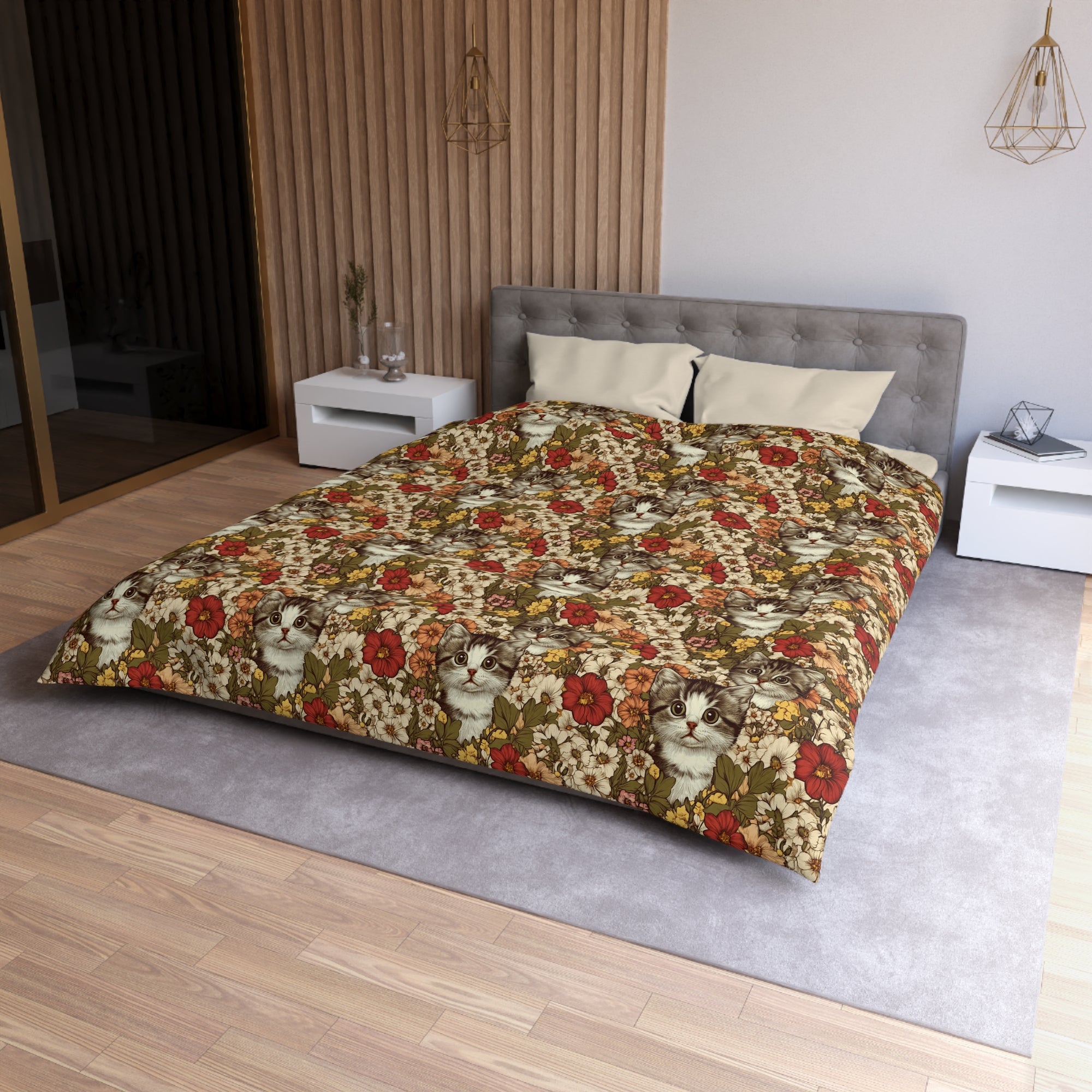 Duvet Cover - Grey Tabby Kittens in a Garden of Red, Peach, and Yellow Flowers, Soft Vintage Style